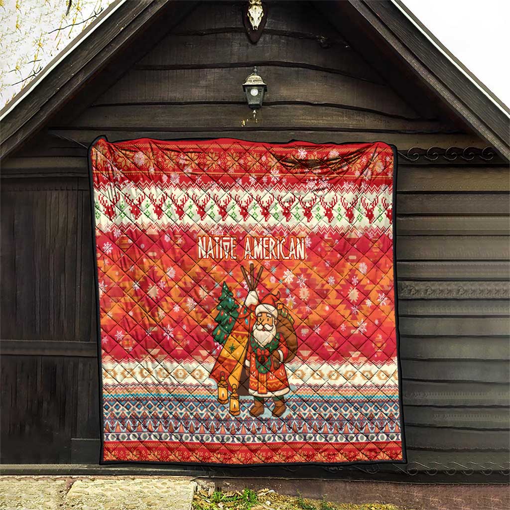 Native American Christmas Quilt with Red & Orange Geometric Pattern Santa Claus and Teepee Motif - Wonder Print Shop