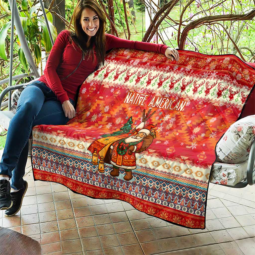 Native American Christmas Quilt with Red & Orange Geometric Pattern Santa Claus and Teepee Motif - Wonder Print Shop