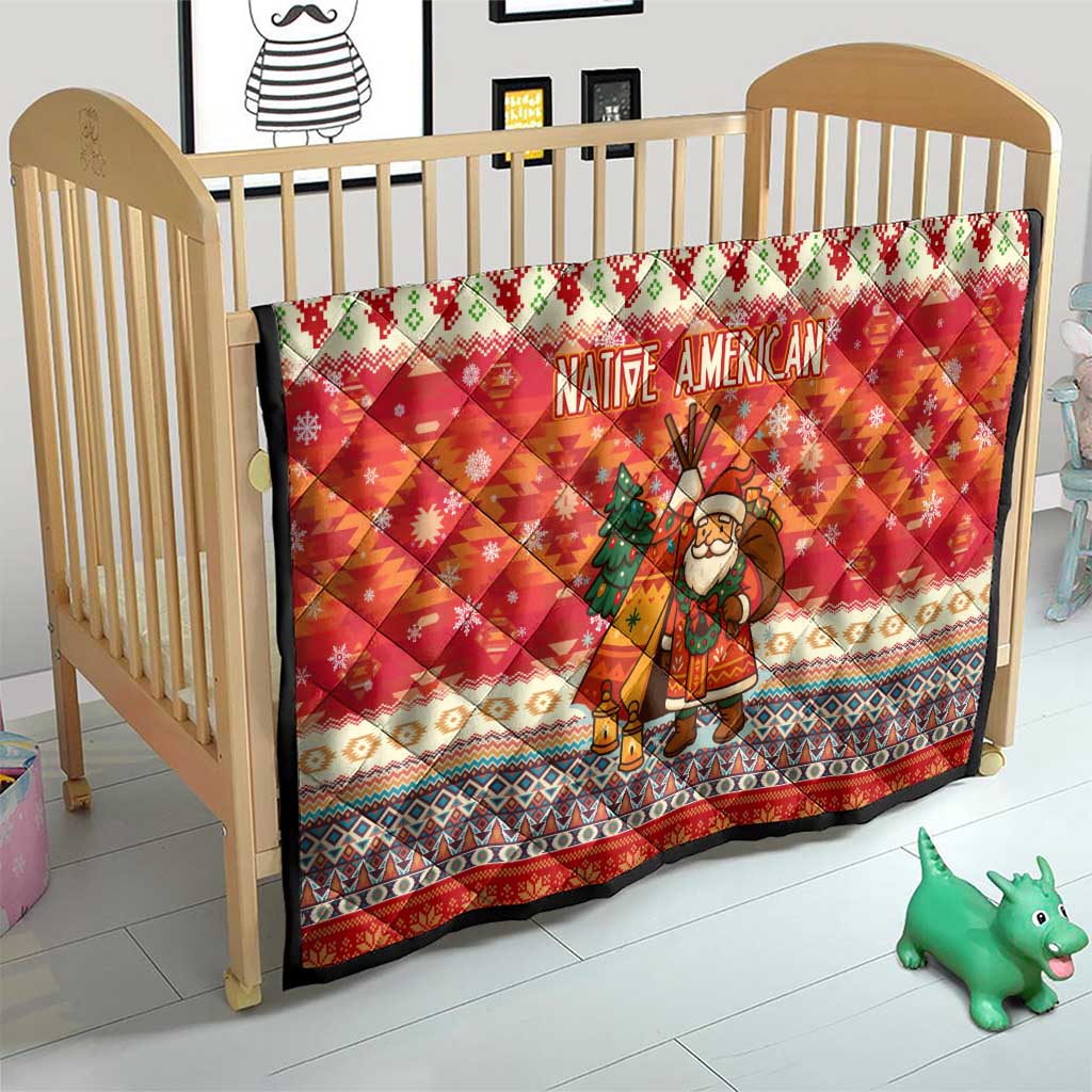 Native American Christmas Quilt with Red & Orange Geometric Pattern Santa Claus and Teepee Motif - Wonder Print Shop