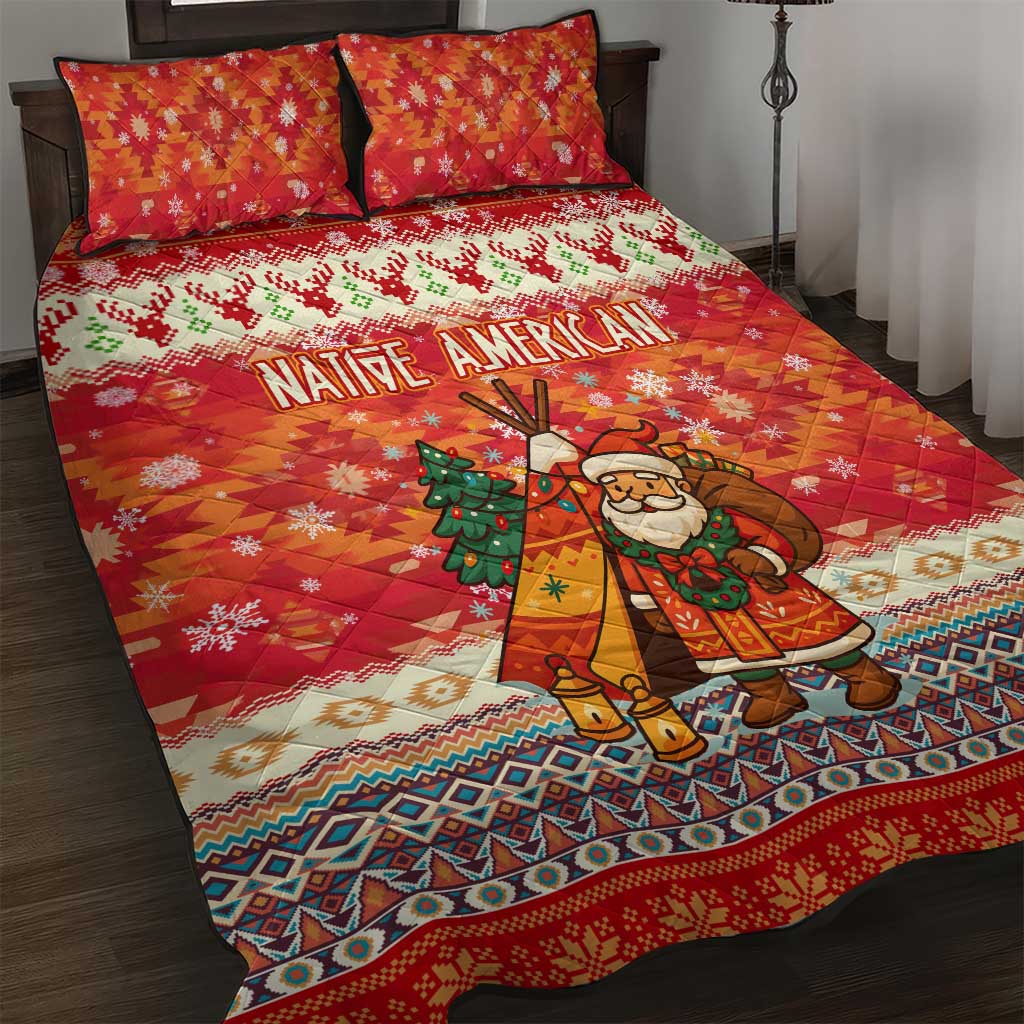 Native American Christmas Quilt Bed Set with Red & Orange Geometric Pattern Santa Claus and Teepee Motif - Wonder Print Shop