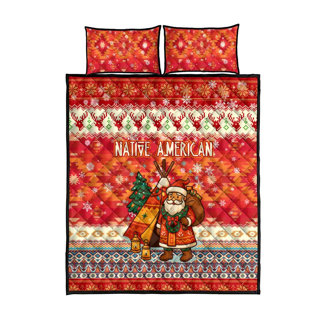 Native American Christmas Quilt Bed Set with Red & Orange Geometric Pattern Santa Claus and Teepee Motif - Wonder Print Shop