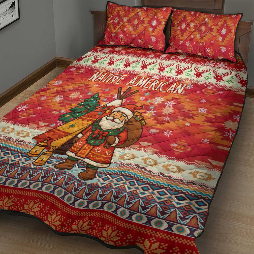 Native American Christmas Quilt Bed Set with Red & Orange Geometric Pattern Santa Claus and Teepee Motif - Wonder Print Shop