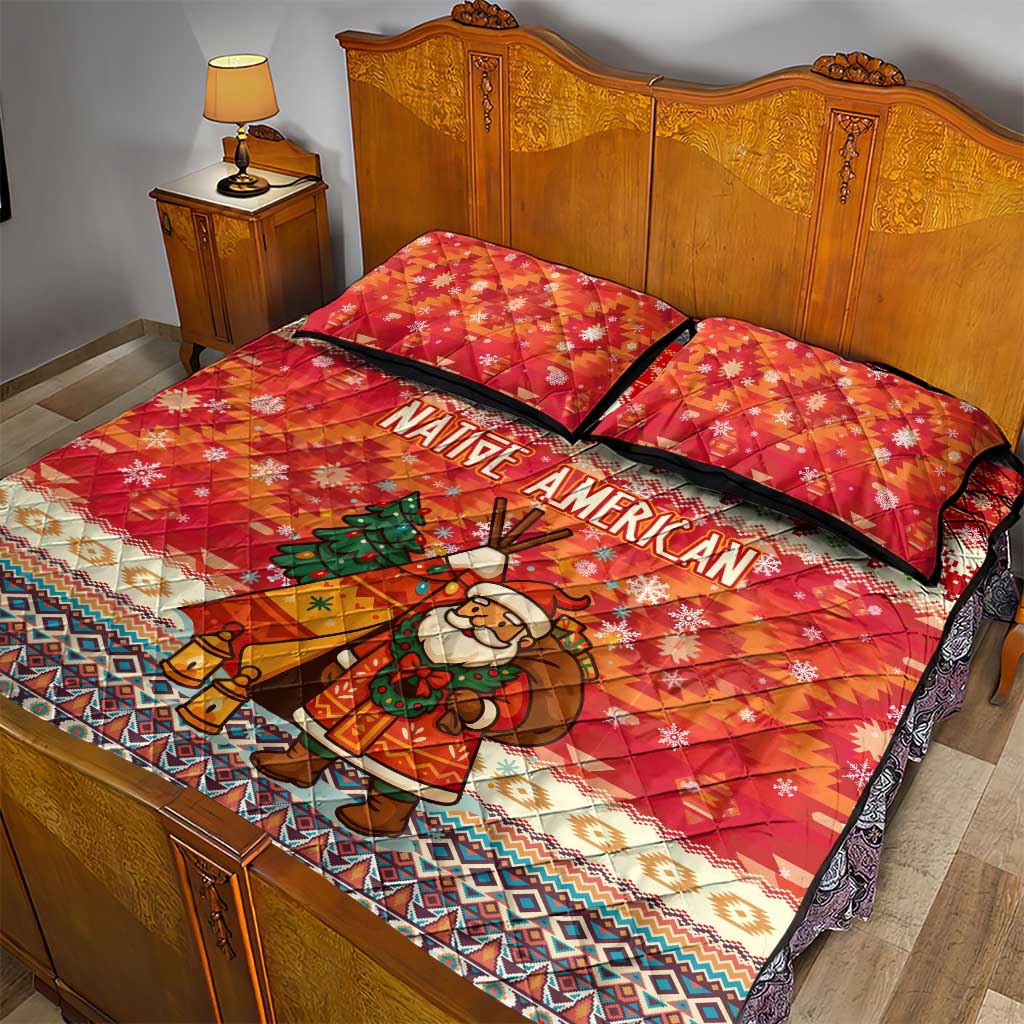 Native American Christmas Quilt Bed Set with Red & Orange Geometric Pattern Santa Claus and Teepee Motif - Wonder Print Shop