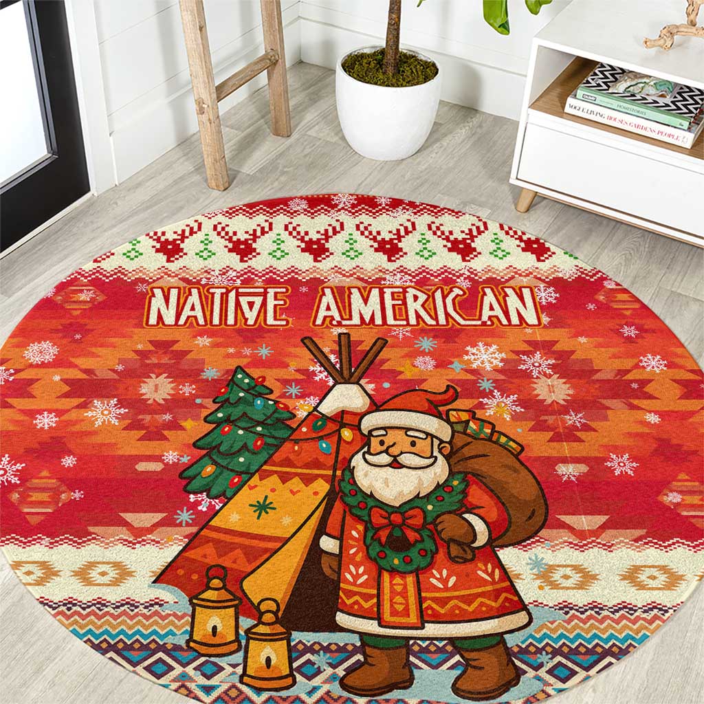 Native American Christmas Round Carpet with Red & Orange Geometric Pattern Santa Claus and Teepee Motif - Wonder Print Shop