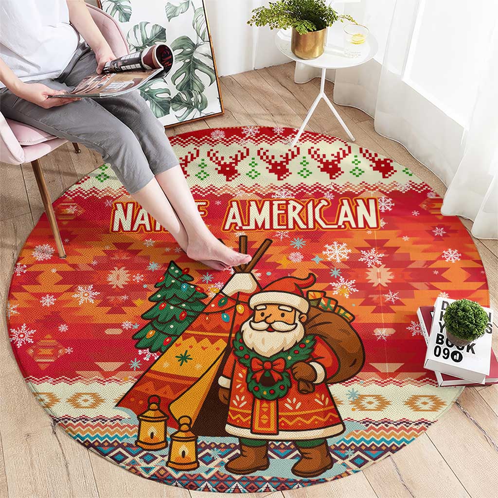 Native American Christmas Round Carpet with Red & Orange Geometric Pattern Santa Claus and Teepee Motif - Wonder Print Shop
