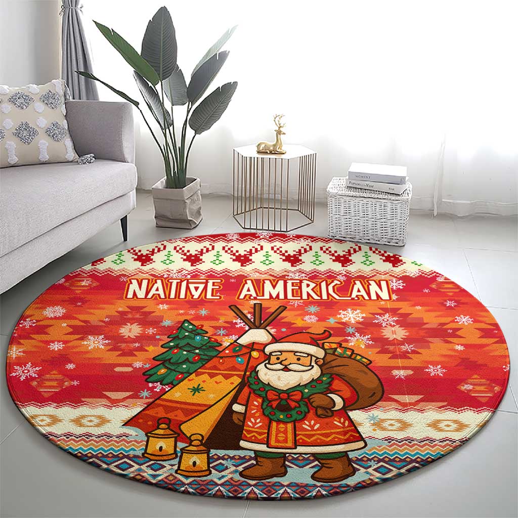 Native American Christmas Round Carpet with Red & Orange Geometric Pattern Santa Claus and Teepee Motif - Wonder Print Shop