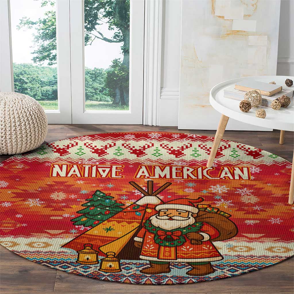 Native American Christmas Round Carpet with Red & Orange Geometric Pattern Santa Claus and Teepee Motif - Wonder Print Shop