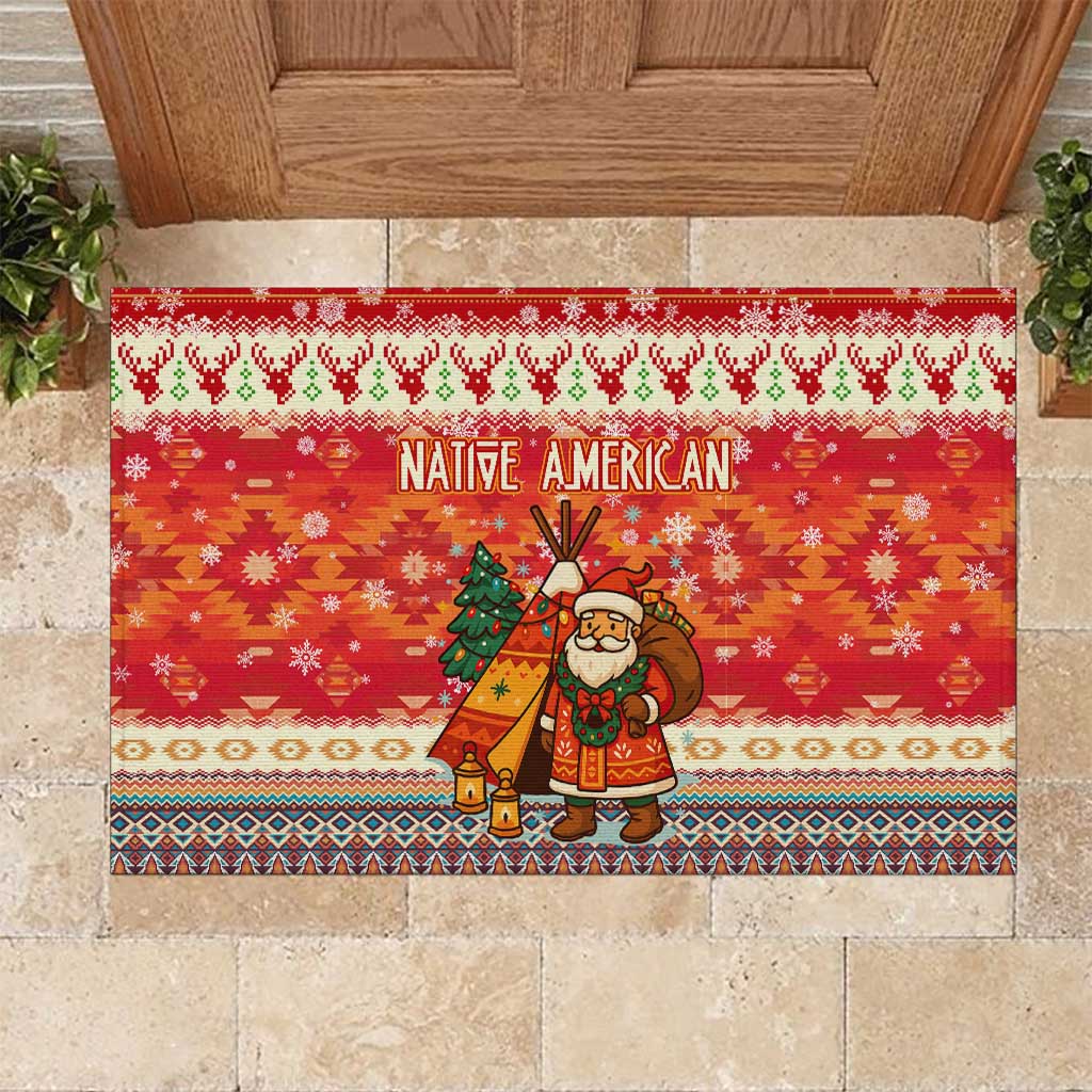 Native American Christmas Rubber Doormat with Red & Orange Geometric Pattern Santa Claus and Teepee Motif - Wonder Print Shop