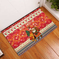 Native American Christmas Rubber Doormat with Red & Orange Geometric Pattern Santa Claus and Teepee Motif - Wonder Print Shop
