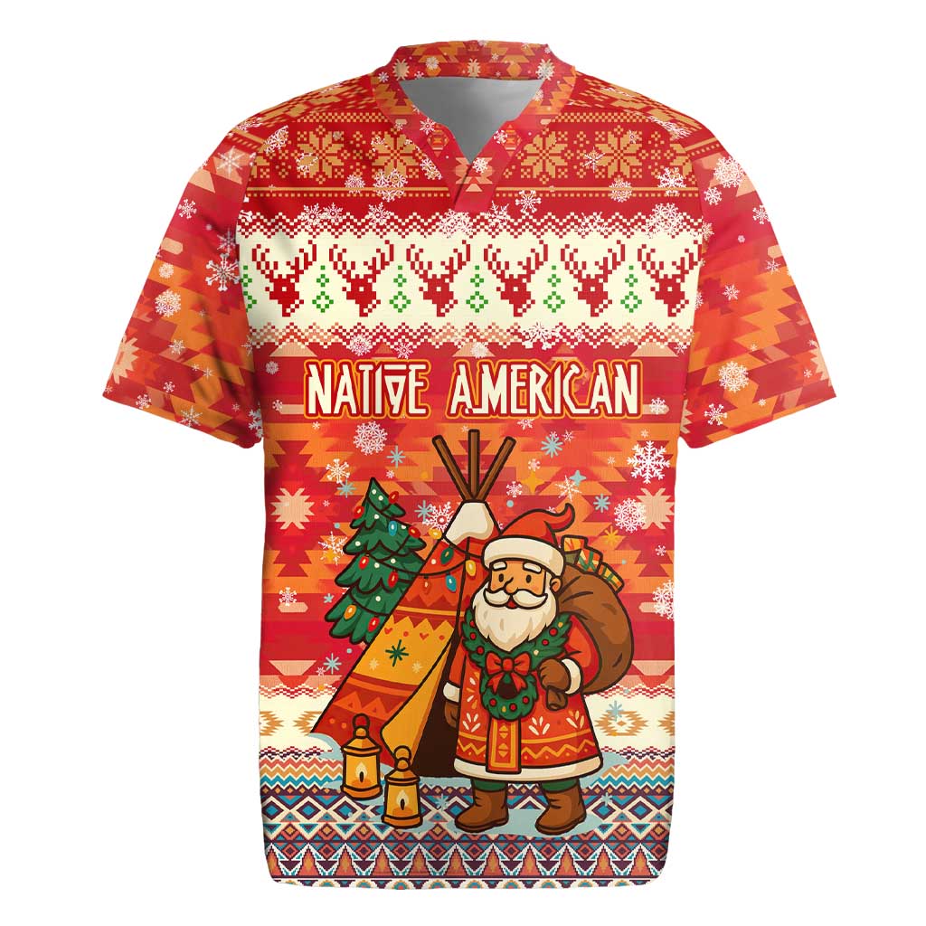 Native American Christmas Rugby Jersey with Red & Orange Geometric Pattern Santa Claus and Teepee Motif - Wonder Print Shop