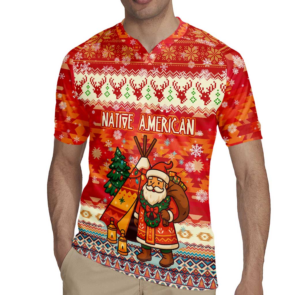 Native American Christmas Rugby Jersey with Red & Orange Geometric Pattern Santa Claus and Teepee Motif - Wonder Print Shop