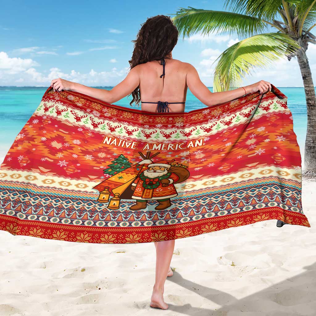 Native American Christmas Sarong with Red & Orange Geometric Pattern Santa Claus and Teepee Motif - Wonder Print Shop