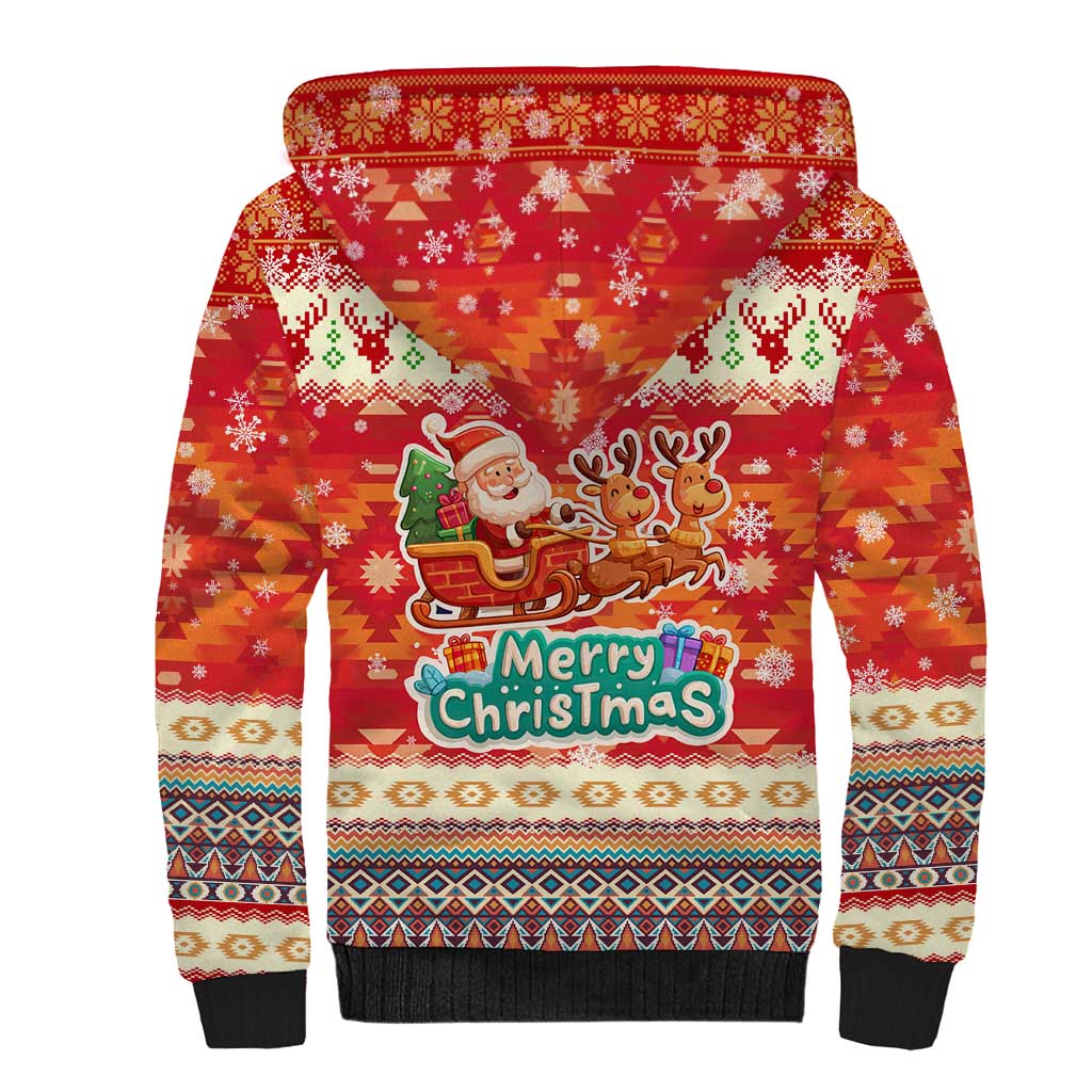 Native American Christmas Sherpa Hoodie with Red & Orange Geometric Pattern Santa Claus and Teepee Motif - Wonder Print Shop