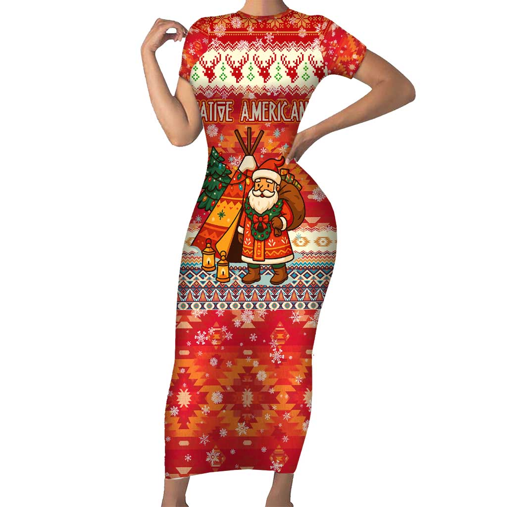 Native American Christmas Short Sleeve Bodycon Dress with Red & Orange Geometric Pattern Santa Claus and Teepee Motif - Wonder Print Shop