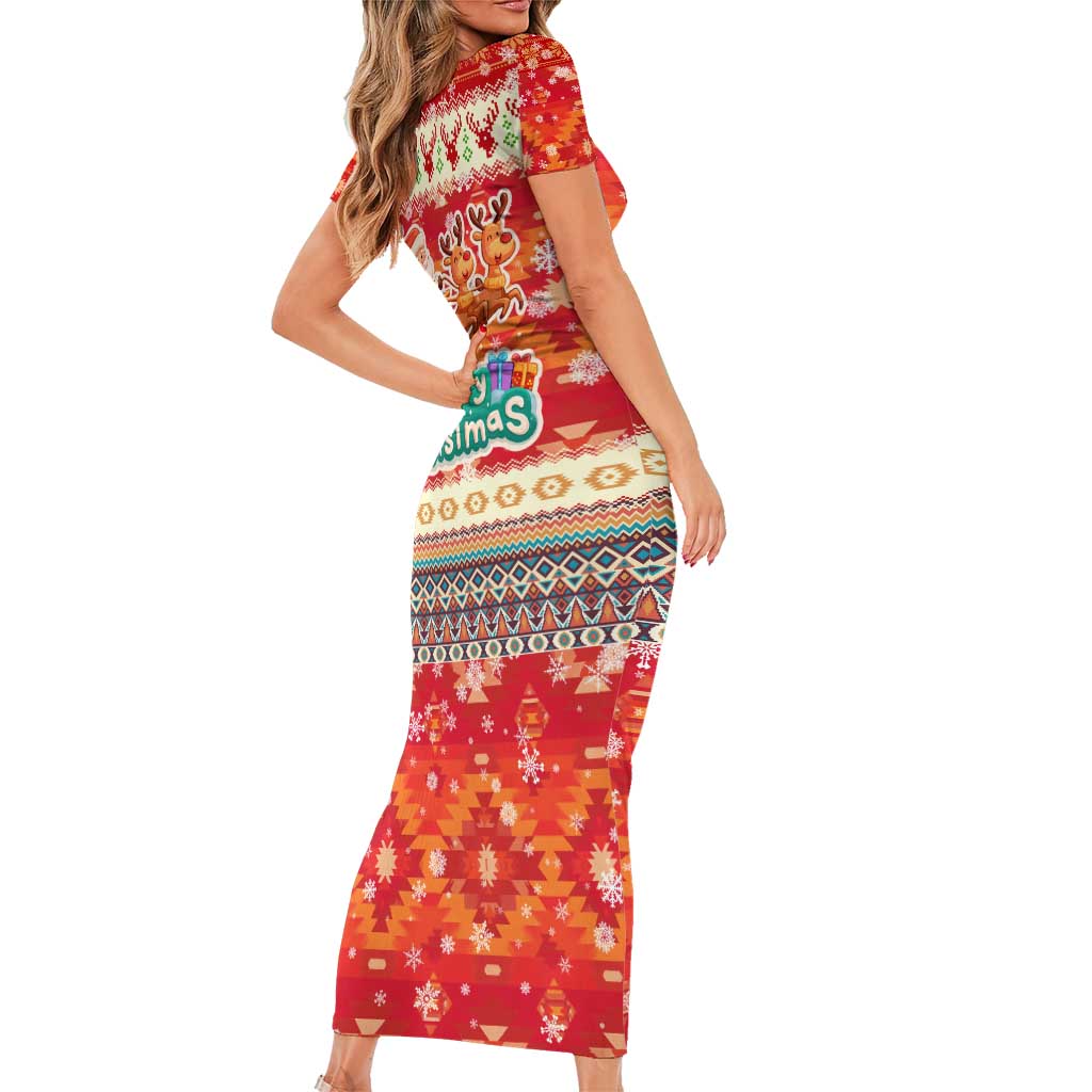 Native American Christmas Short Sleeve Bodycon Dress with Red & Orange Geometric Pattern Santa Claus and Teepee Motif - Wonder Print Shop