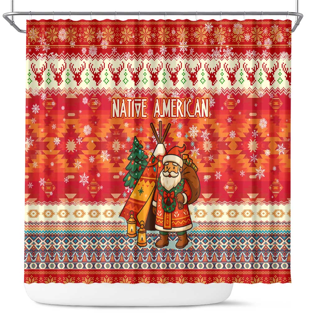 Native American Christmas Shower Curtain with Red & Orange Geometric Pattern Santa Claus and Teepee Motif - Wonder Print Shop