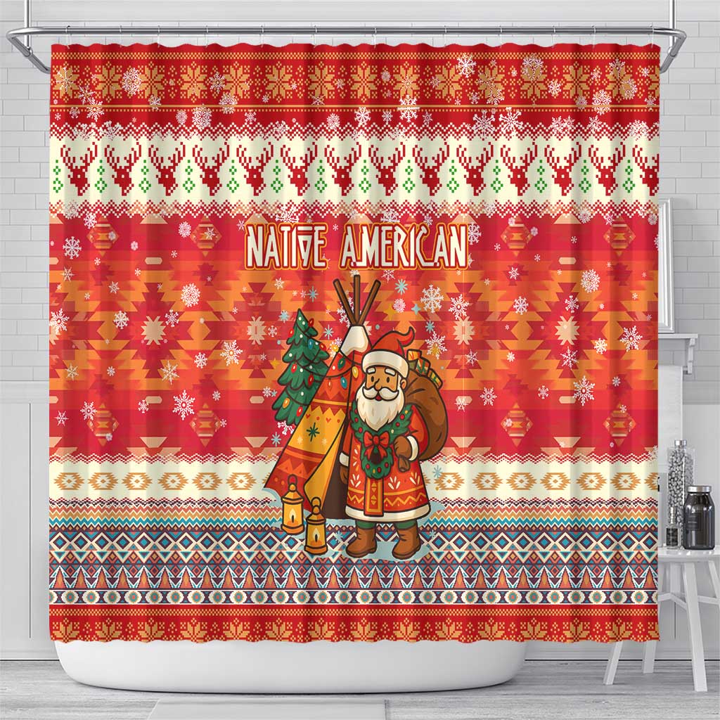 Native American Christmas Shower Curtain with Red & Orange Geometric Pattern Santa Claus and Teepee Motif - Wonder Print Shop