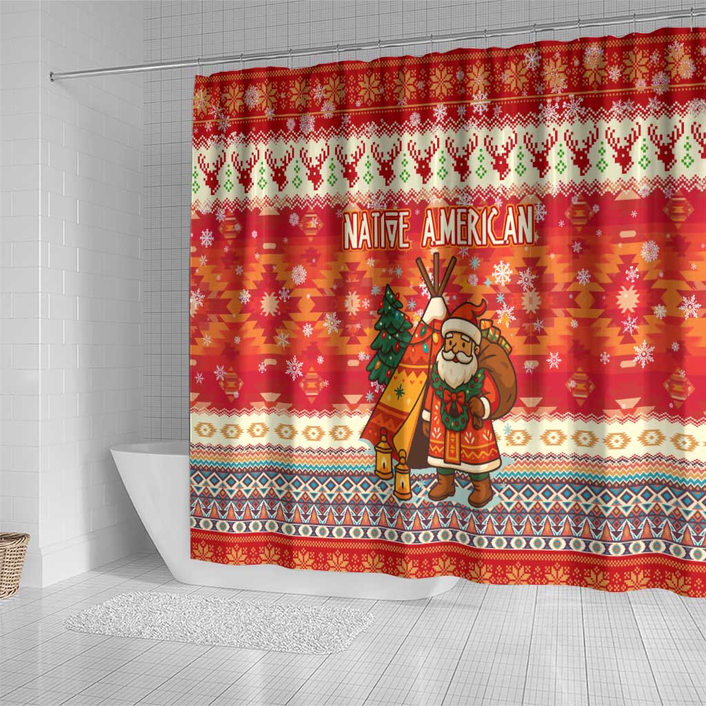 Native American Christmas Shower Curtain with Red & Orange Geometric Pattern Santa Claus and Teepee Motif - Wonder Print Shop