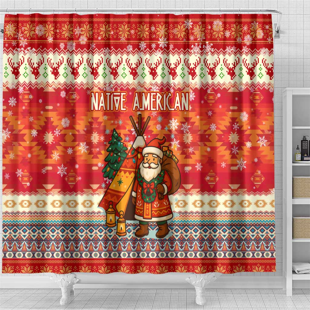 Native American Christmas Shower Curtain with Red & Orange Geometric Pattern Santa Claus and Teepee Motif - Wonder Print Shop