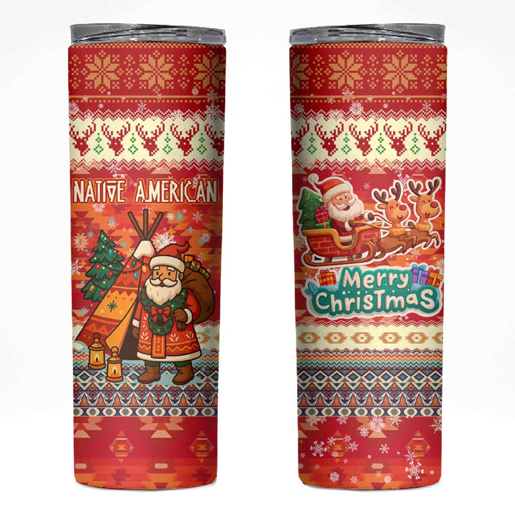 Native American Christmas Skinny Tumbler with Red & Orange Geometric Pattern Santa Claus and Teepee Motif - Wonder Print Shop