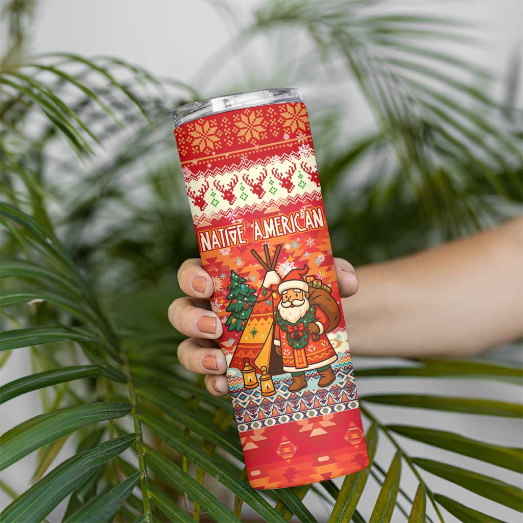 Native American Christmas Skinny Tumbler with Red & Orange Geometric Pattern Santa Claus and Teepee Motif - Wonder Print Shop
