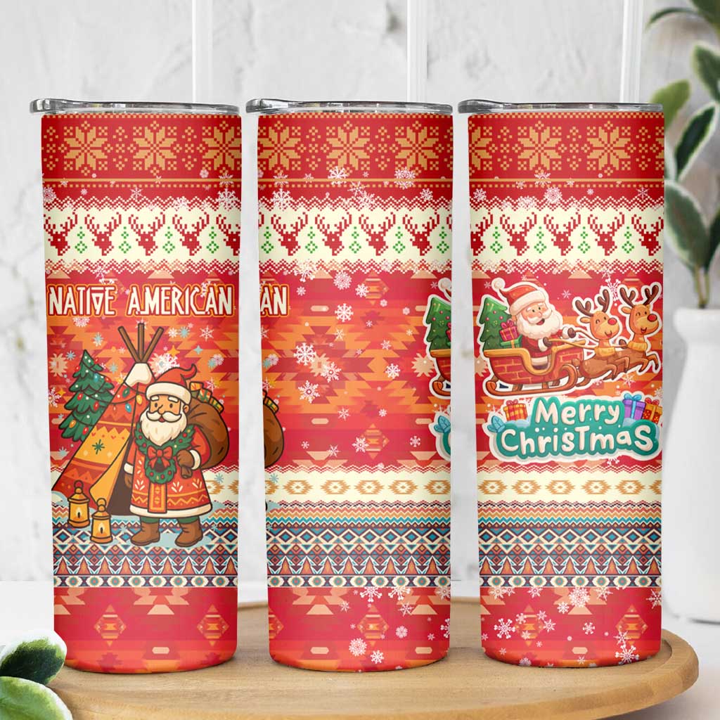 Native American Christmas Skinny Tumbler with Red & Orange Geometric Pattern Santa Claus and Teepee Motif - Wonder Print Shop