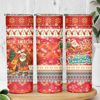 Native American Christmas Skinny Tumbler with Red & Orange Geometric Pattern Santa Claus and Teepee Motif - Wonder Print Shop