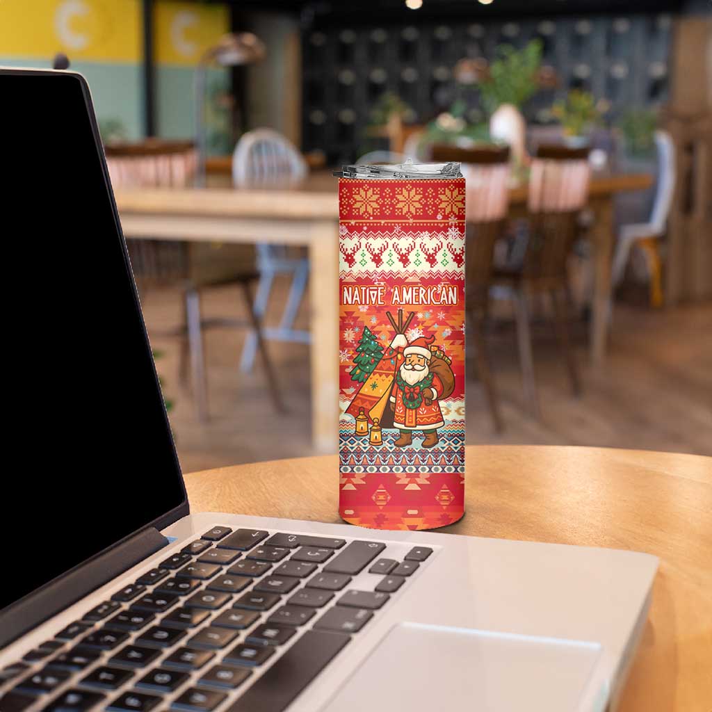 Native American Christmas Skinny Tumbler with Red & Orange Geometric Pattern Santa Claus and Teepee Motif - Wonder Print Shop