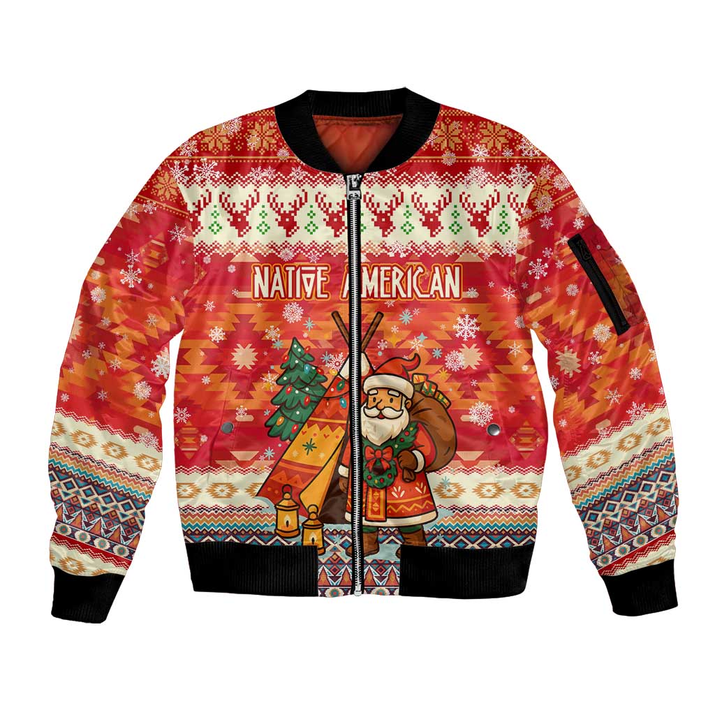Native American Christmas Sleeve Zip Bomber Jacket with Red & Orange Geometric Pattern Santa Claus and Teepee Motif - Wonder Print Shop