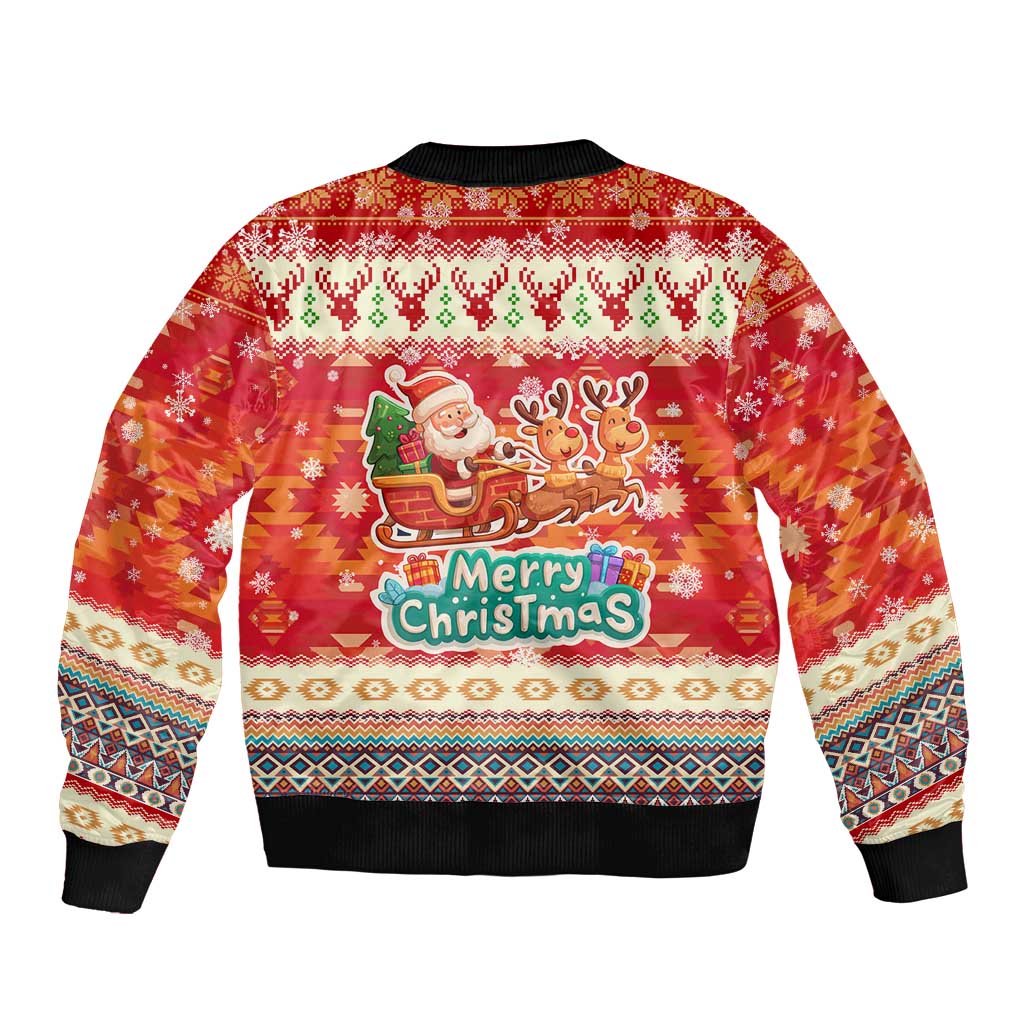 Native American Christmas Sleeve Zip Bomber Jacket with Red & Orange Geometric Pattern Santa Claus and Teepee Motif - Wonder Print Shop