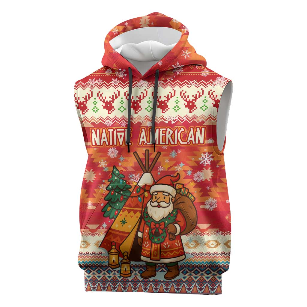 Native American Christmas Sleeveless Hoodie with Red & Orange Geometric Pattern Santa Claus and Teepee Motif - Wonder Print Shop