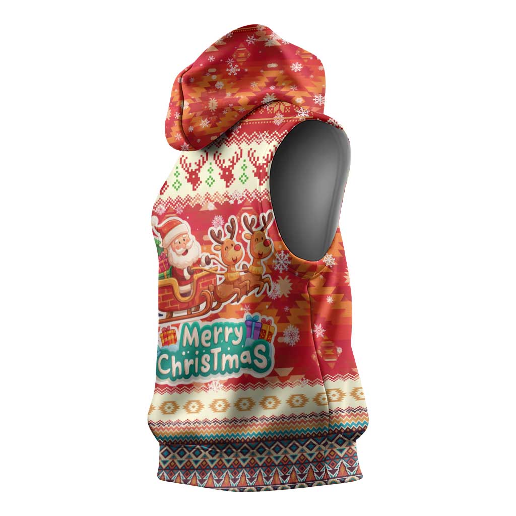Native American Christmas Sleeveless Hoodie with Red & Orange Geometric Pattern Santa Claus and Teepee Motif - Wonder Print Shop