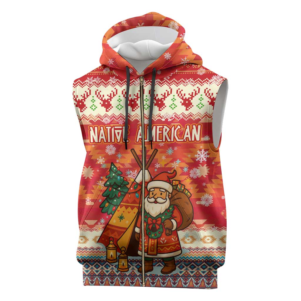 Native American Christmas Sleeveless Zip Hoodie with Red & Orange Geometric Pattern Santa Claus and Teepee Motif - Wonder Print Shop