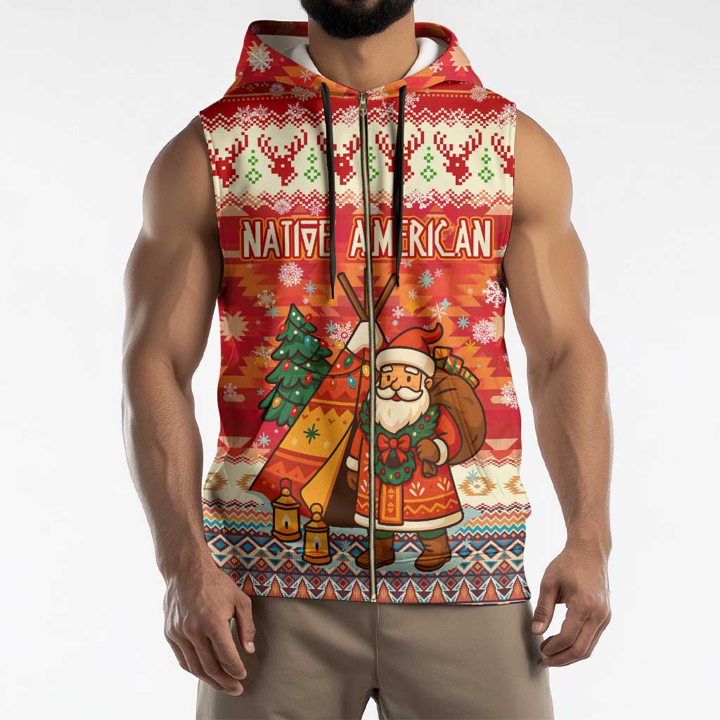 Native American Christmas Sleeveless Zip Hoodie with Red & Orange Geometric Pattern Santa Claus and Teepee Motif - Wonder Print Shop