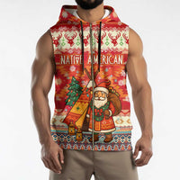 Native American Christmas Sleeveless Zip Hoodie with Red & Orange Geometric Pattern Santa Claus and Teepee Motif - Wonder Print Shop