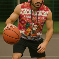 Native American Christmas Sleeveless Zip Hoodie with Red & Orange Geometric Pattern Santa Claus and Teepee Motif - Wonder Print Shop