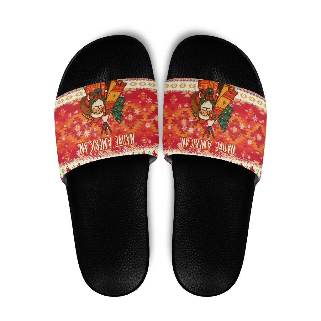Native American Christmas Slide Sandals with Red & Orange Geometric Pattern Santa Claus and Teepee Motif - Wonder Print Shop