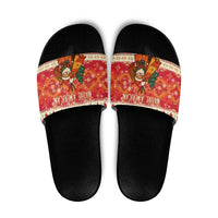 Native American Christmas Slide Sandals with Red & Orange Geometric Pattern Santa Claus and Teepee Motif - Wonder Print Shop