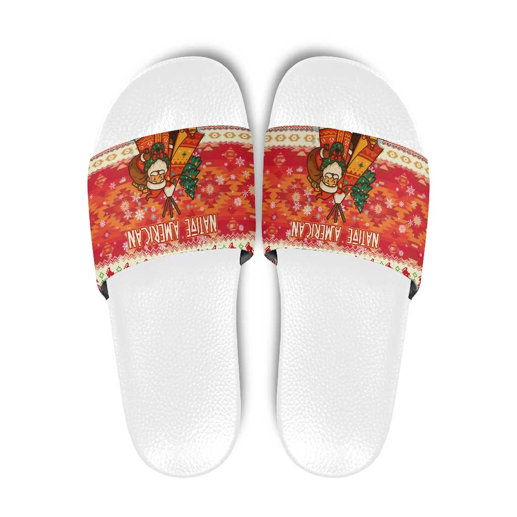 Native American Christmas Slide Sandals with Red & Orange Geometric Pattern Santa Claus and Teepee Motif - Wonder Print Shop