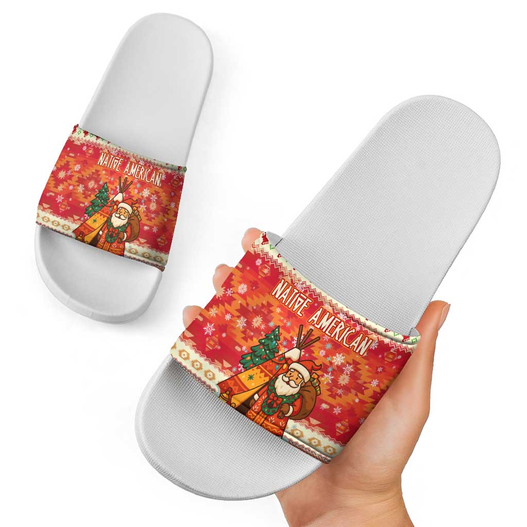 Native American Christmas Slide Sandals with Red & Orange Geometric Pattern Santa Claus and Teepee Motif - Wonder Print Shop