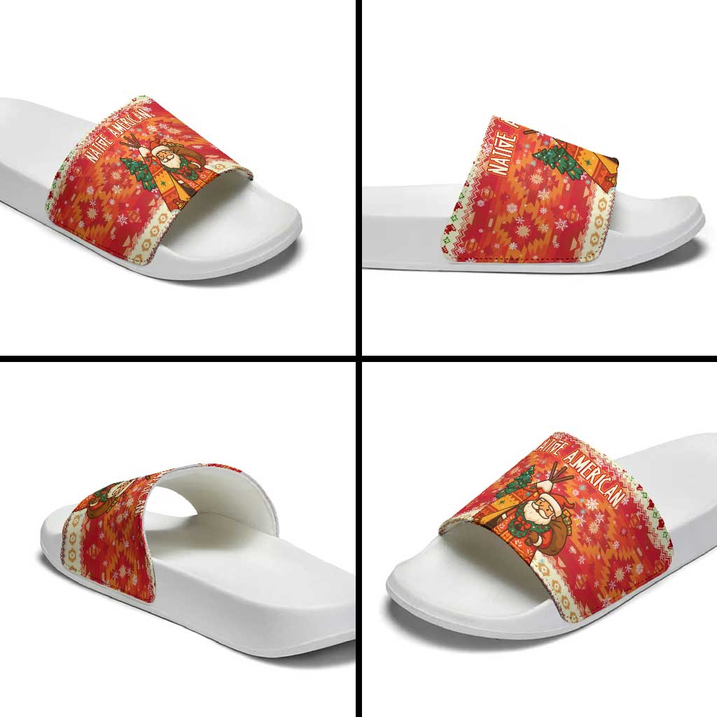 Native American Christmas Slide Sandals with Red & Orange Geometric Pattern Santa Claus and Teepee Motif - Wonder Print Shop