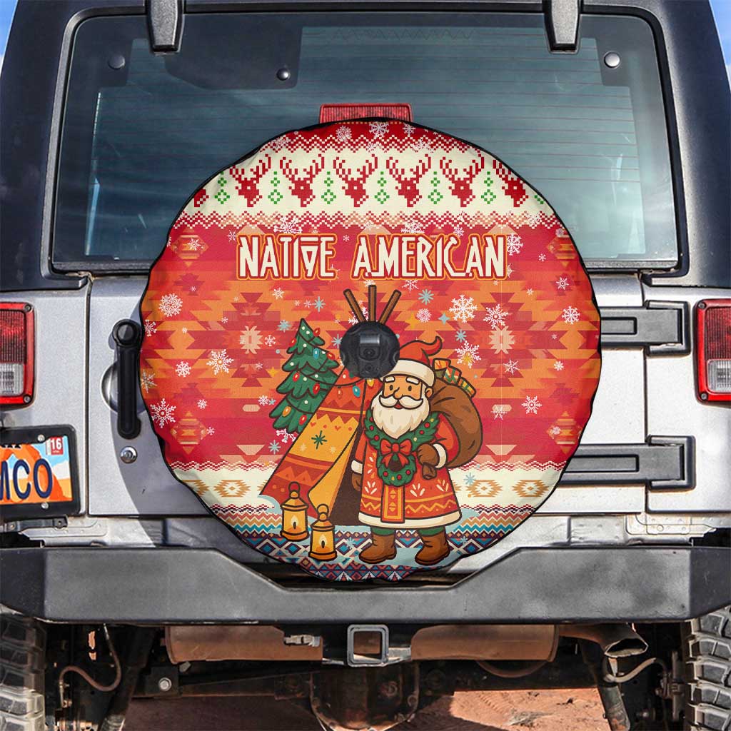 Native American Christmas Spare Tire Cover with Red & Orange Geometric Pattern Santa Claus and Teepee Motif - Wonder Print Shop