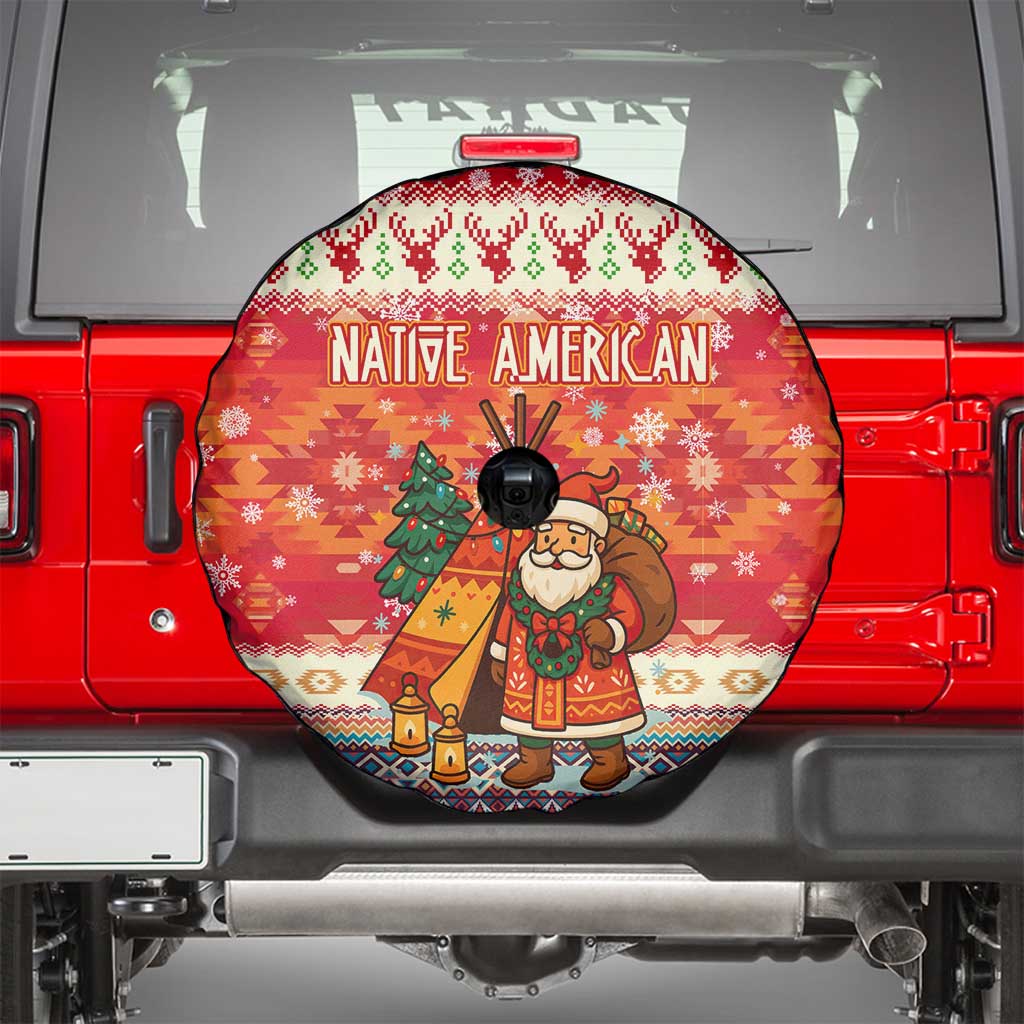 Native American Christmas Spare Tire Cover with Red & Orange Geometric Pattern Santa Claus and Teepee Motif - Wonder Print Shop
