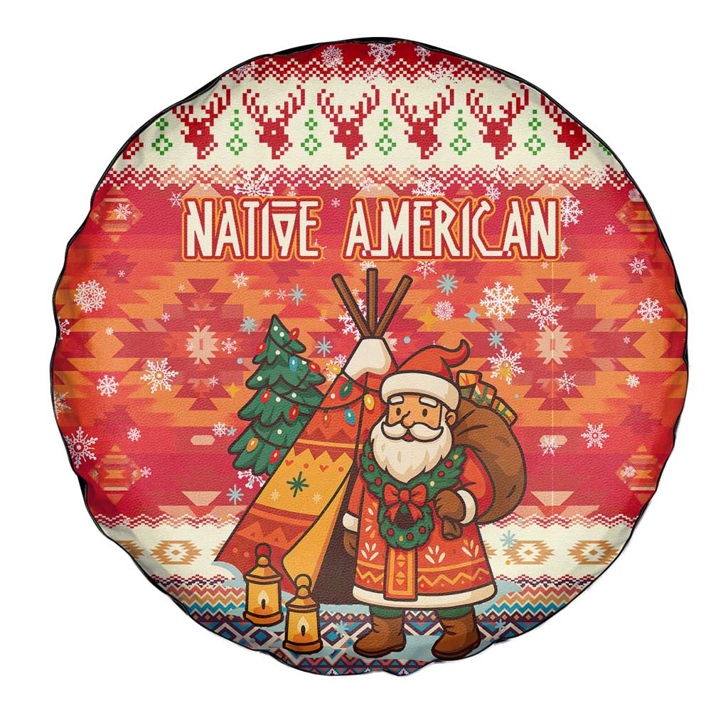 Native American Christmas Spare Tire Cover with Red & Orange Geometric Pattern Santa Claus and Teepee Motif - Wonder Print Shop