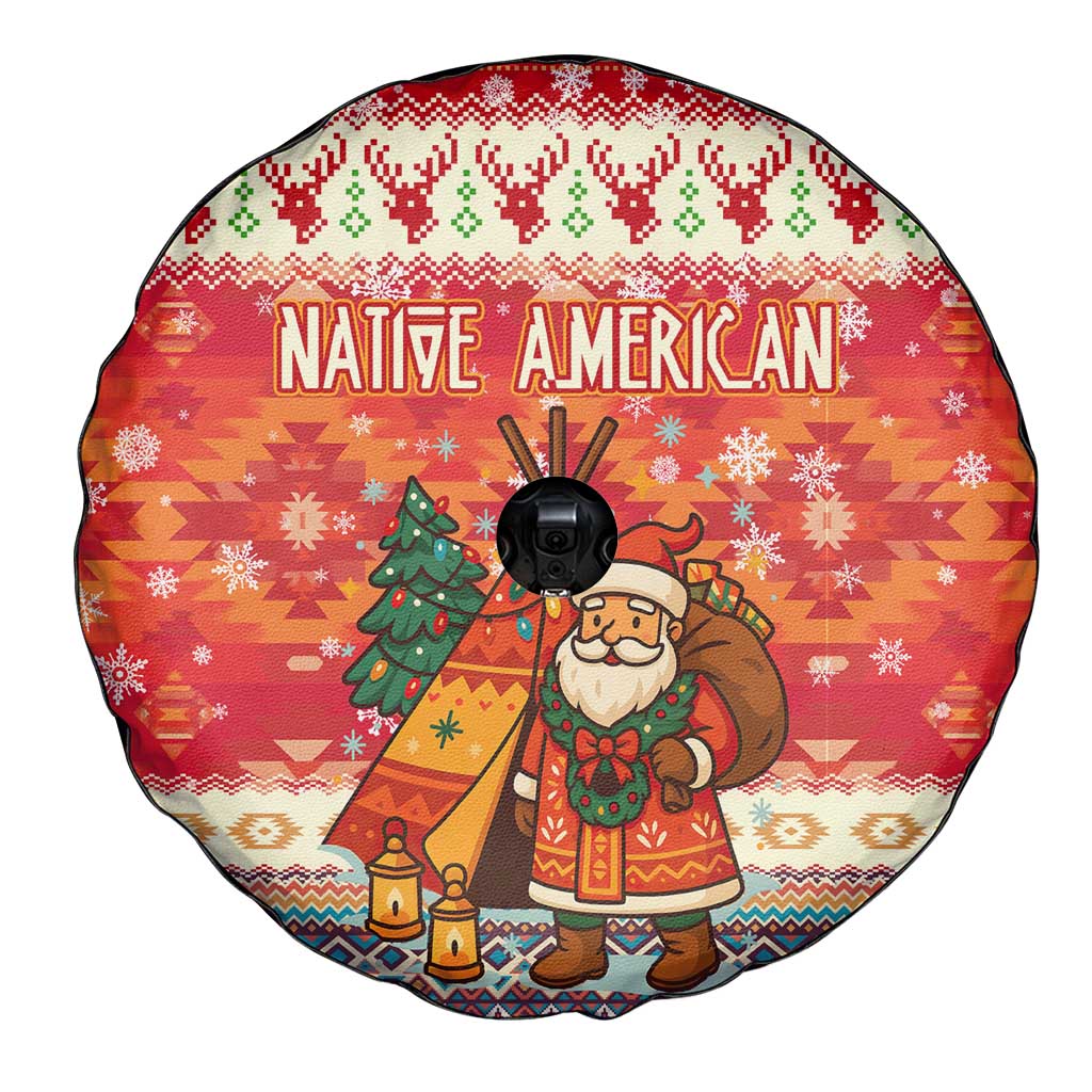 Native American Christmas Spare Tire Cover with Red & Orange Geometric Pattern Santa Claus and Teepee Motif - Wonder Print Shop