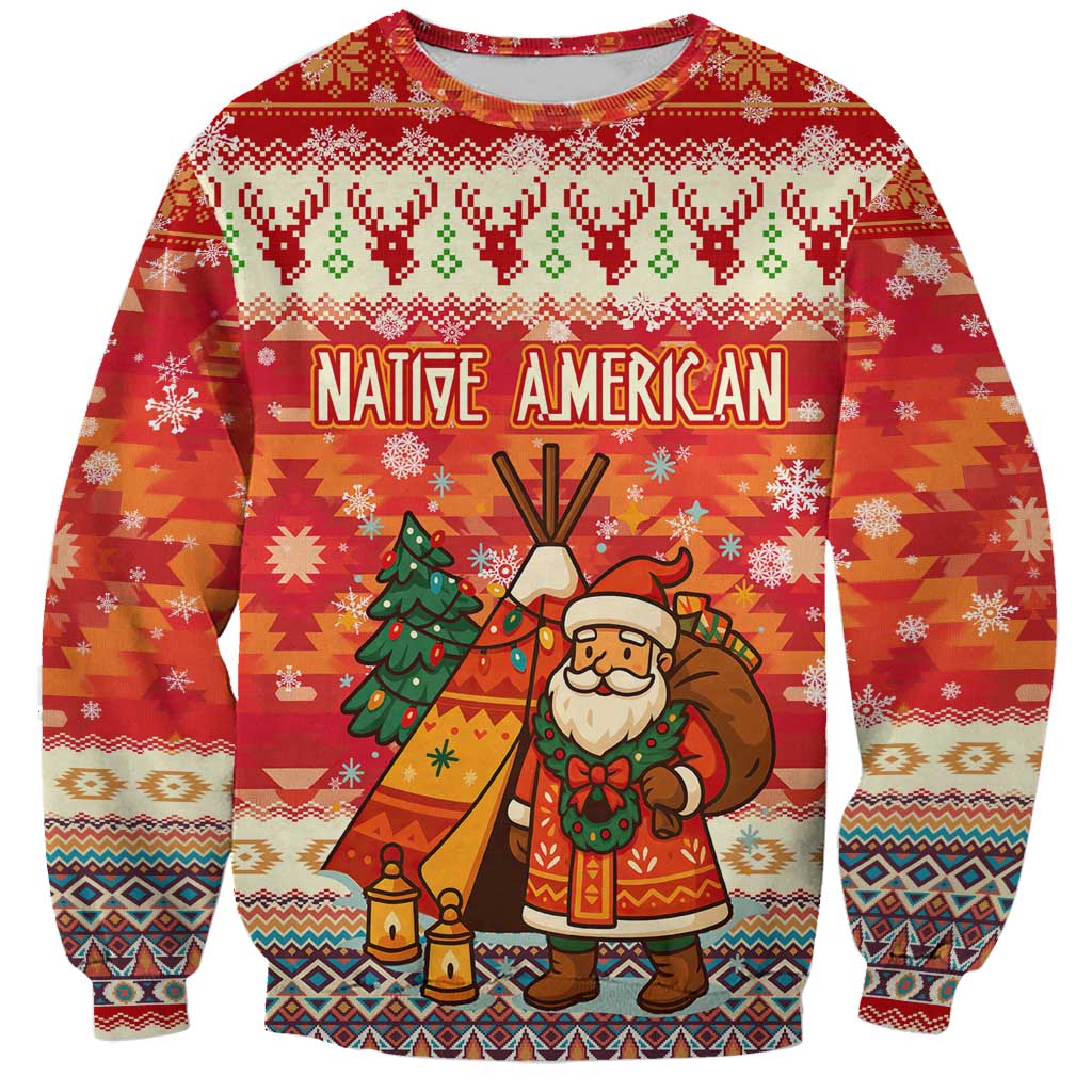 Native American Christmas Sweatshirt with Red & Orange Geometric Pattern Santa Claus and Teepee Motif - Wonder Print Shop