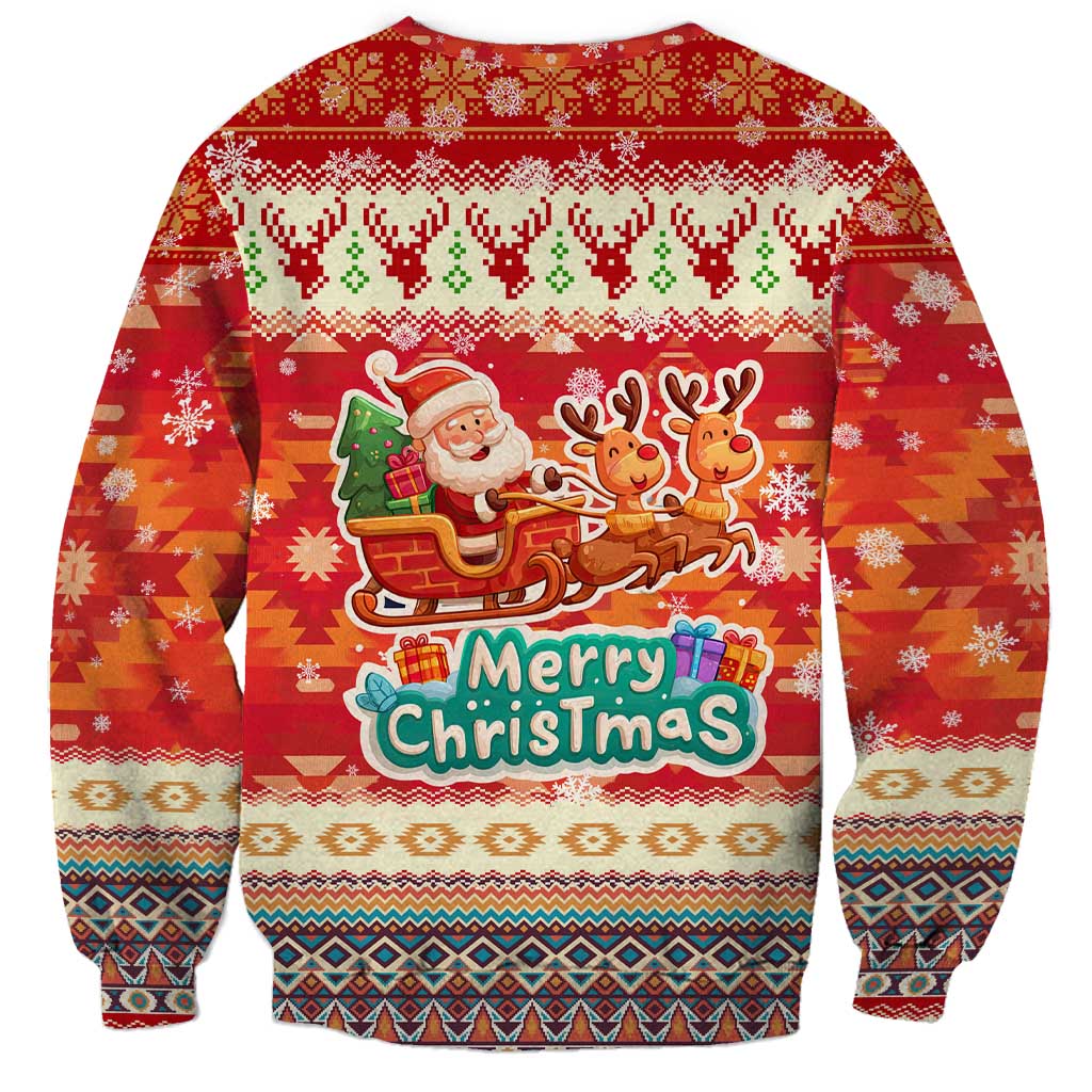 Native American Christmas Sweatshirt with Red & Orange Geometric Pattern Santa Claus and Teepee Motif - Wonder Print Shop