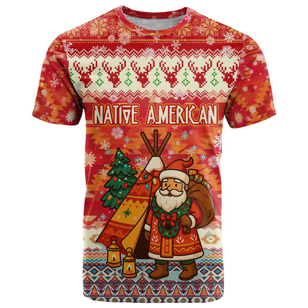 Native American Christmas T Shirt with Red & Orange Geometric Pattern Santa Claus and Teepee Motif - Wonder Print Shop