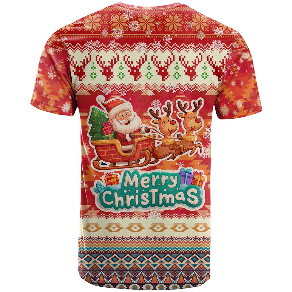 Native American Christmas T Shirt with Red & Orange Geometric Pattern Santa Claus and Teepee Motif - Wonder Print Shop