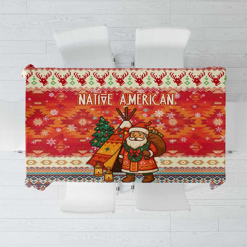 Native American Christmas Tablecloth with Red & Orange Geometric Pattern Santa Claus and Teepee Motif - Wonder Print Shop
